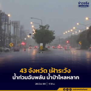 ปภ. แจ้งเตือน 43 จังหวัด เฝ้าระวังน้ำท่วมฉับพลัน น้ำป่าไหลหลาก และคลื่นลมแรง จนถึง 3 ก.ค.นี้