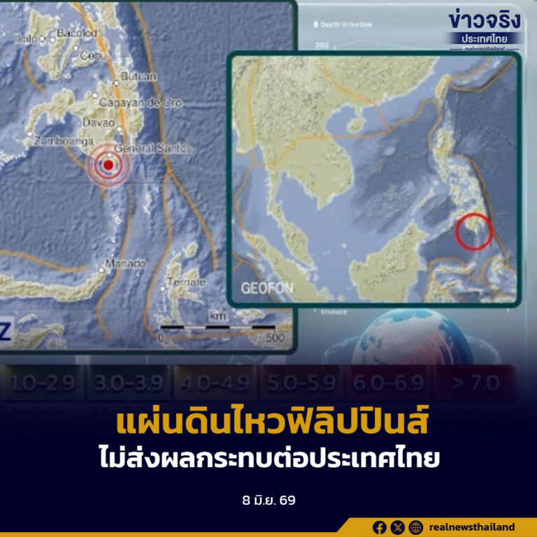 ตรวจสอบเหตุเกิดแผ่นดินไหวในทะเลขนาด 7.8 ทางตอนใต้ของประเทศฟิลิปปินส์ ไม่ส่งผลกระทบต่อประเทศไทย