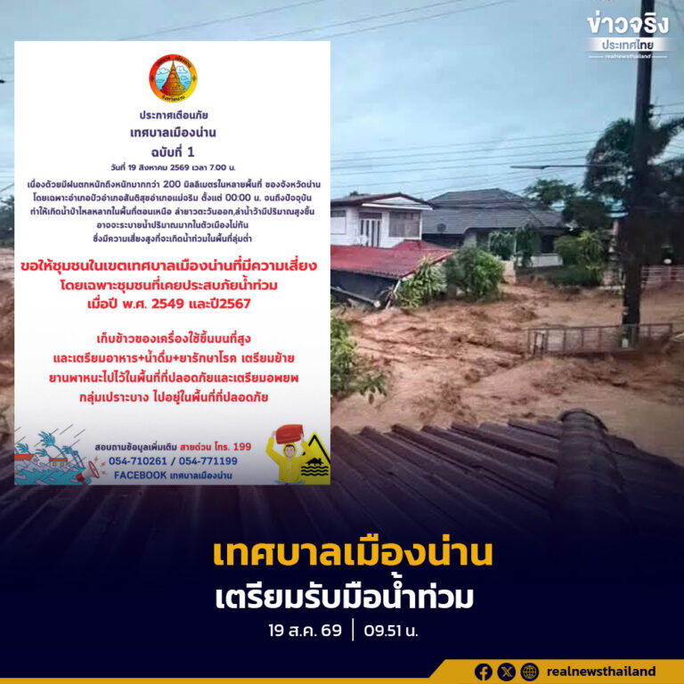 ประกาศเตือนภัยเทศบาลเมืองน่าน ฉบับที่ 1 วันที่ 19 สิงหาคม 2569 เวลา 07.00 น.